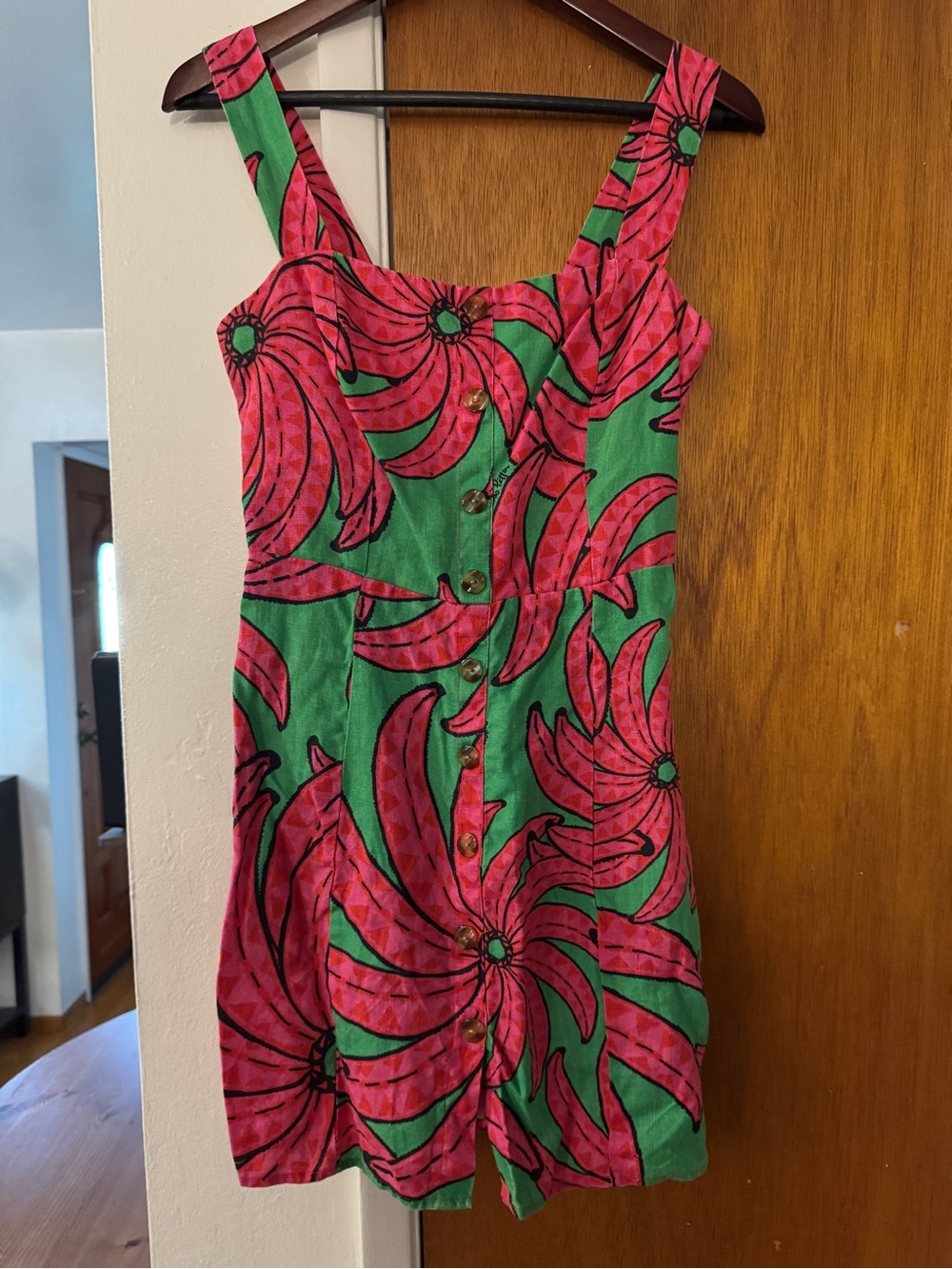 Farm Rio Banana Alberto Pitta 100% Linen Mini Dress - Green Pink Fruit - Size S - Picture 3 of 5